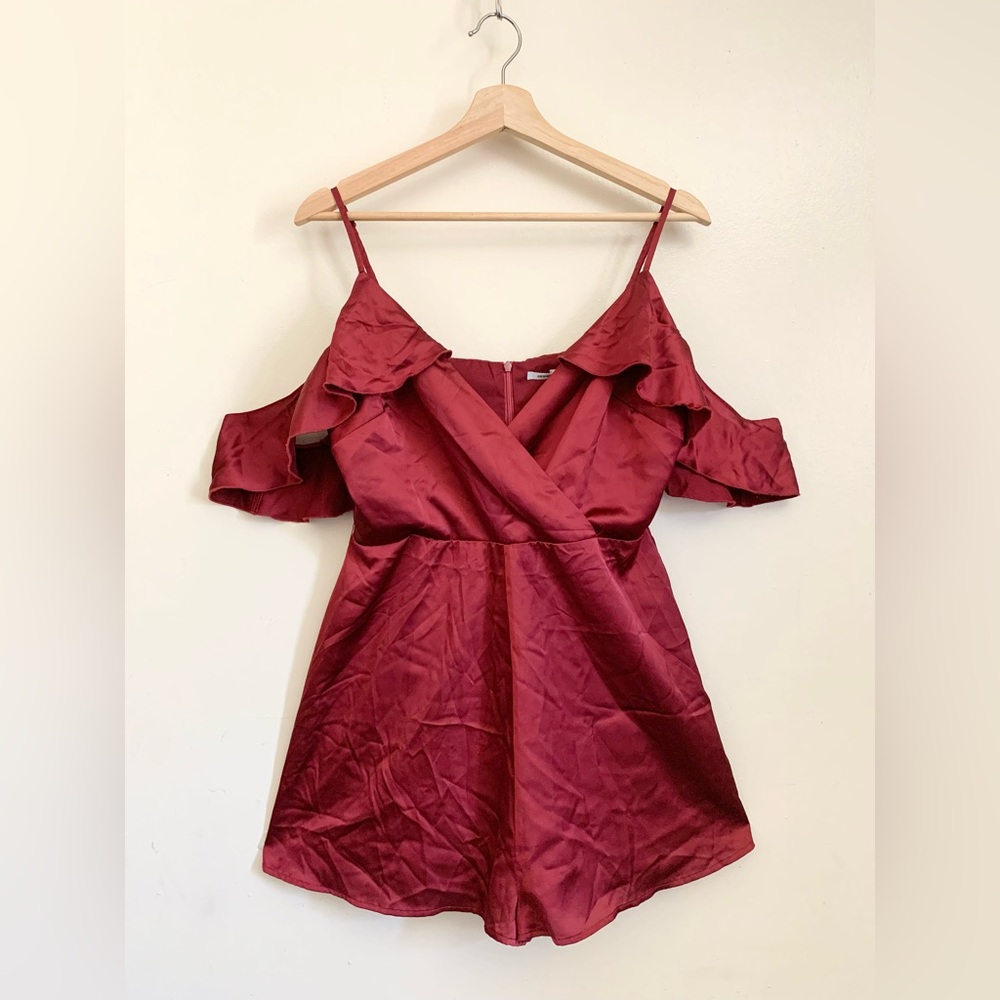 Urban Outfitters Kimchi Blue Burgundy Satin Ruffle Romper Size 10